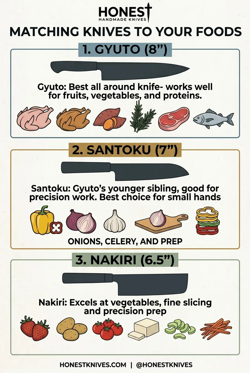 Food-based guide matching common kitchen prep tasks to gyuto, santoku, nakiri, and slicer knife styles.
