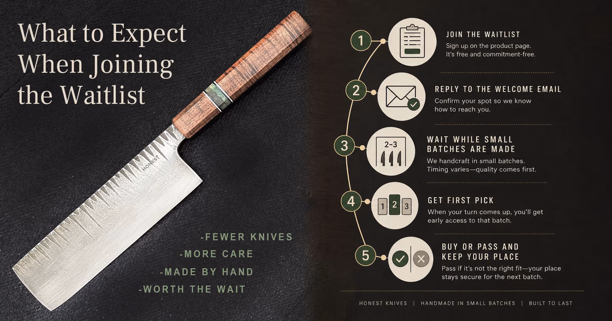 Honest Knives small-batch waitlist infographic featuring the Natomas nakiri.